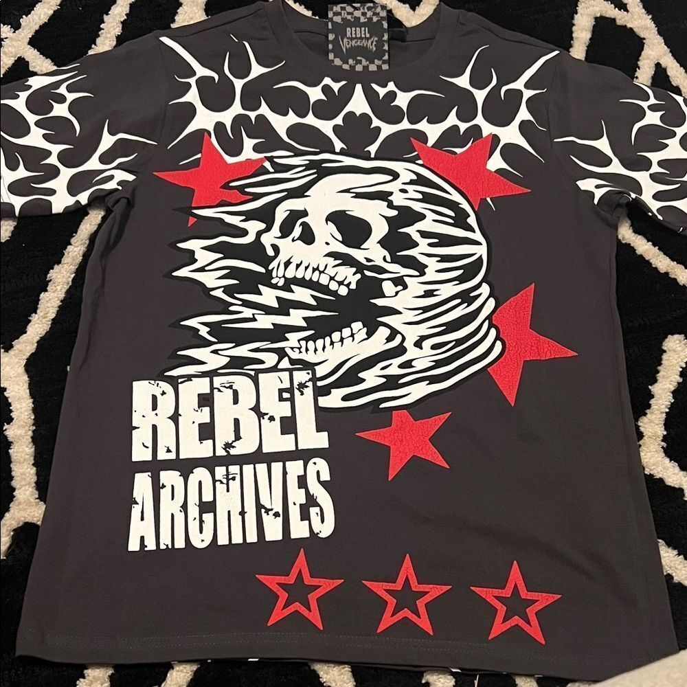 Rebel Vengeance Dark Gray Graphic Tee with Red Accents